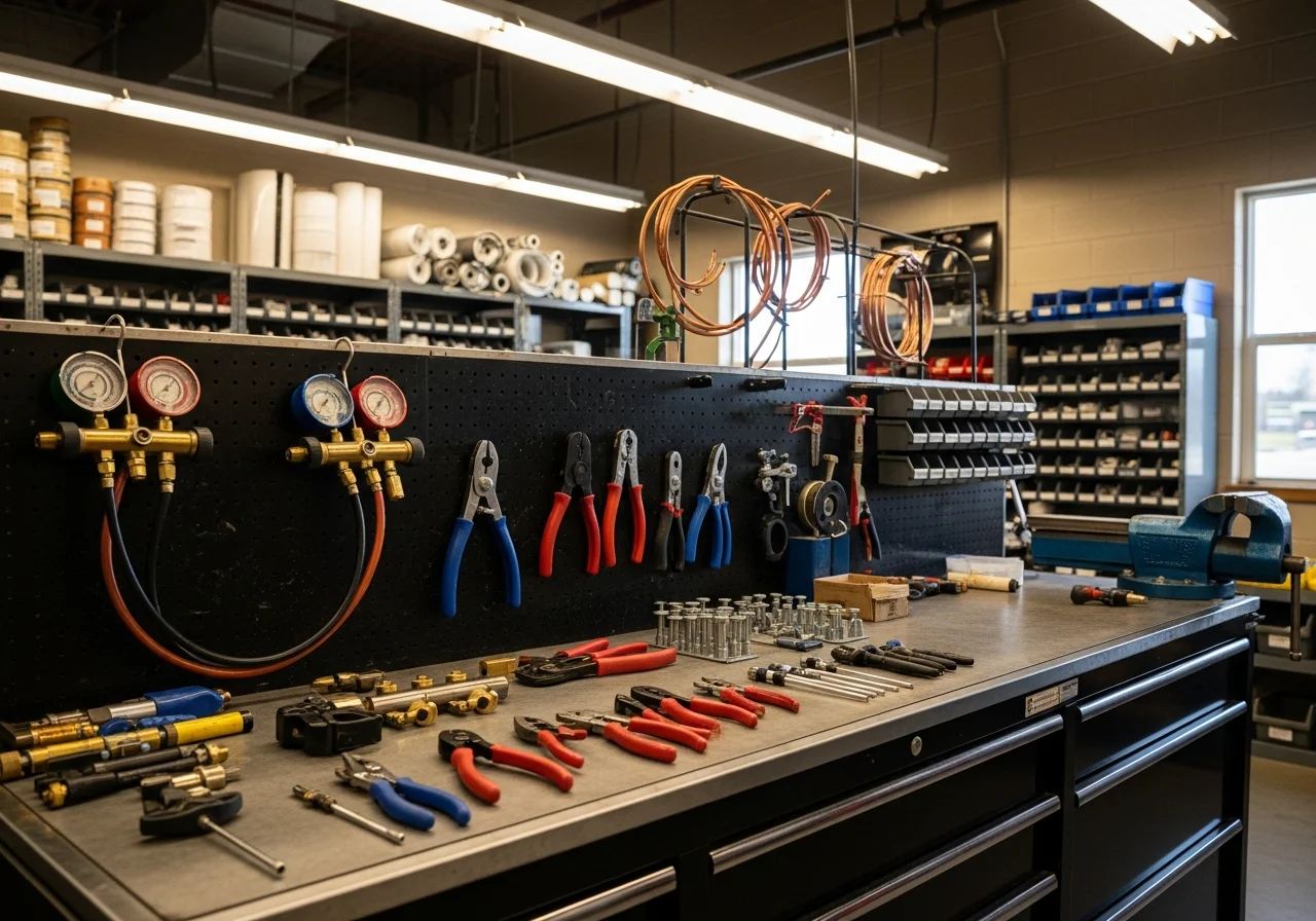 HVAC technician tools and equipment on a work bench, representing professional mechanical service readiness.