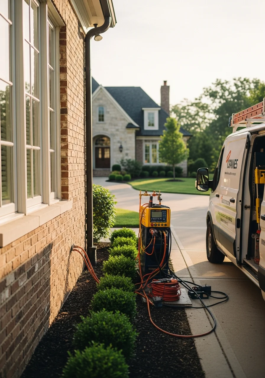 Professional crew member on Carmel property showing high-quality home architecture and meticulous grounds.