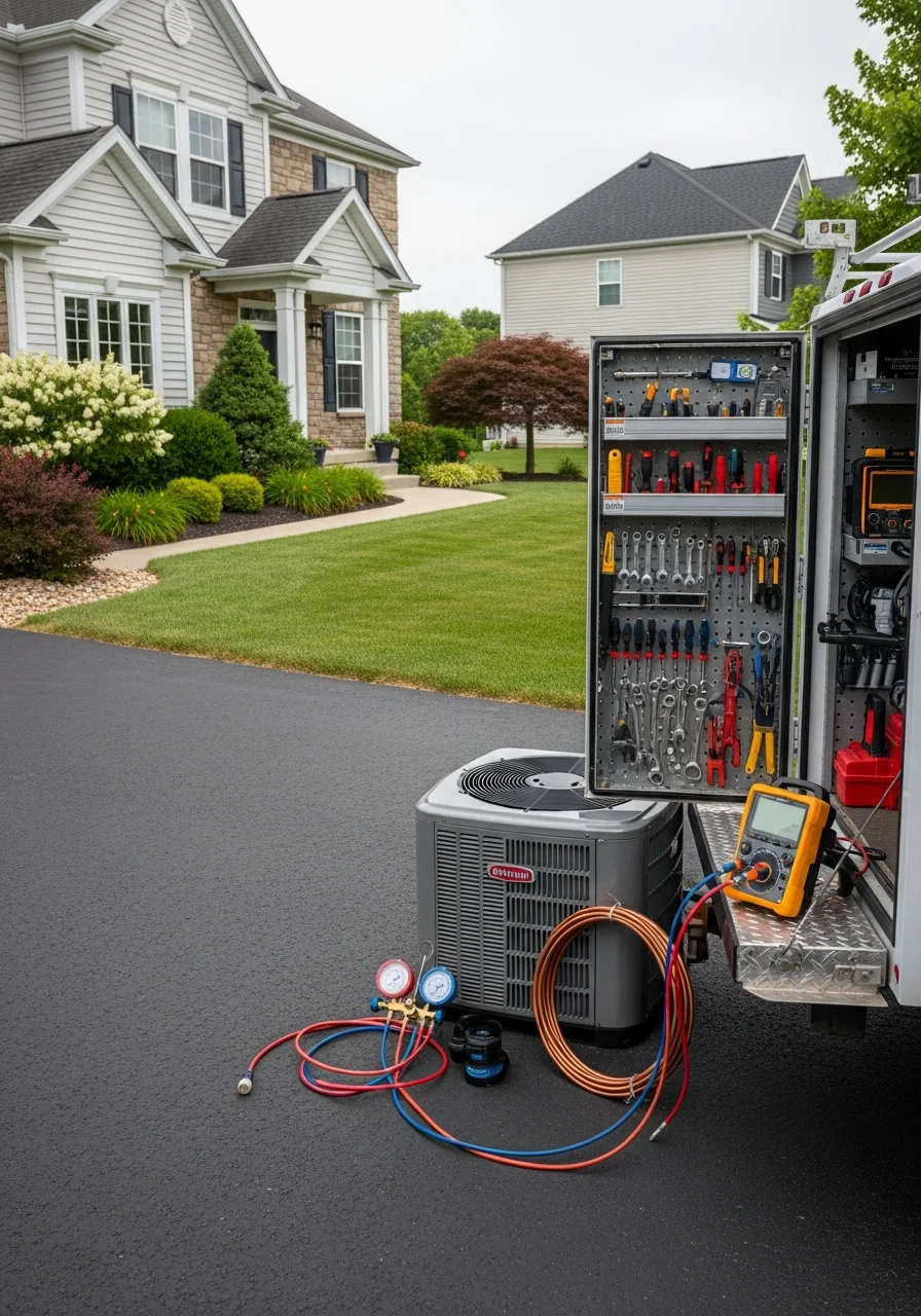 Crew member in professional gear on Fishers property with contemporary home and well-maintained grounds.