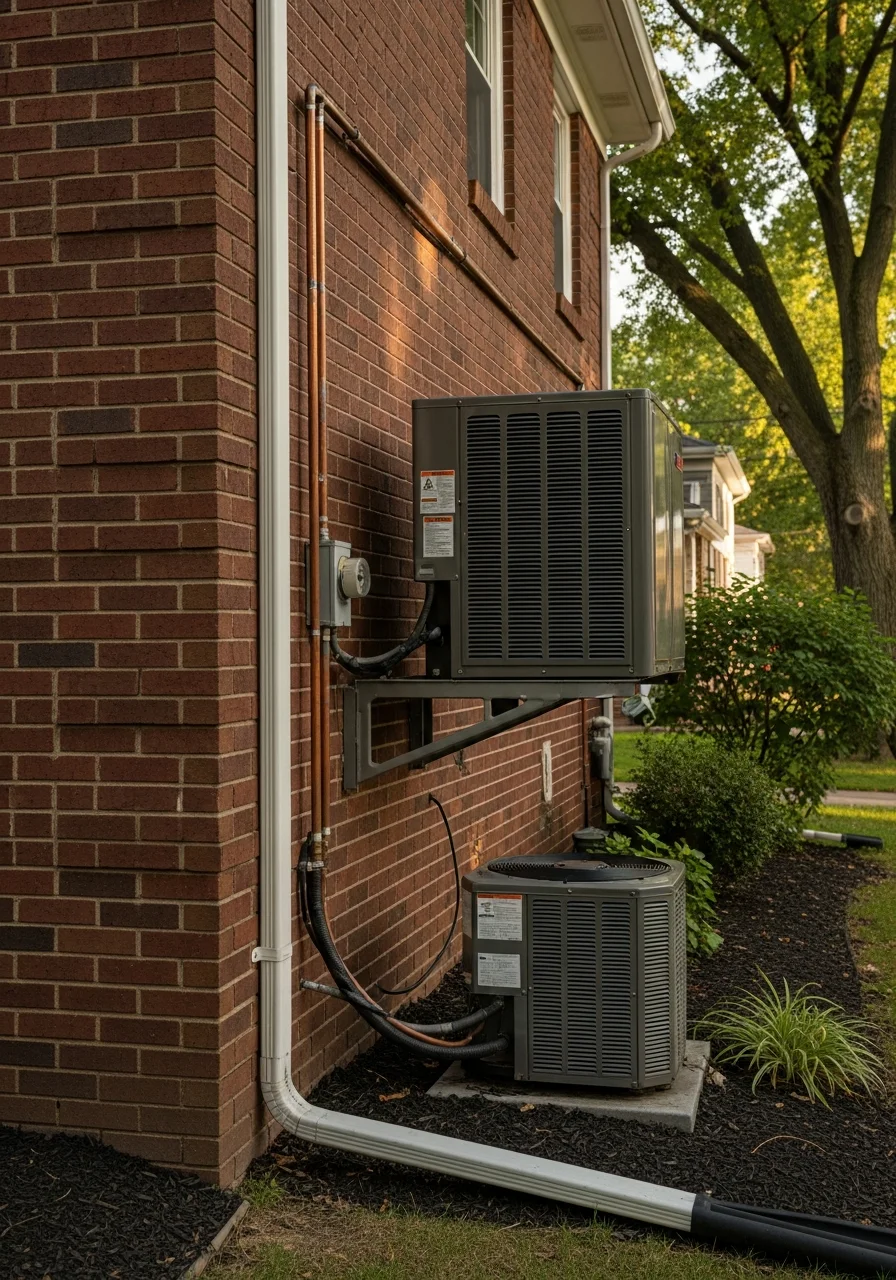 Close-up of professional crew member in work gear on a north side residential property with mature landscaping.