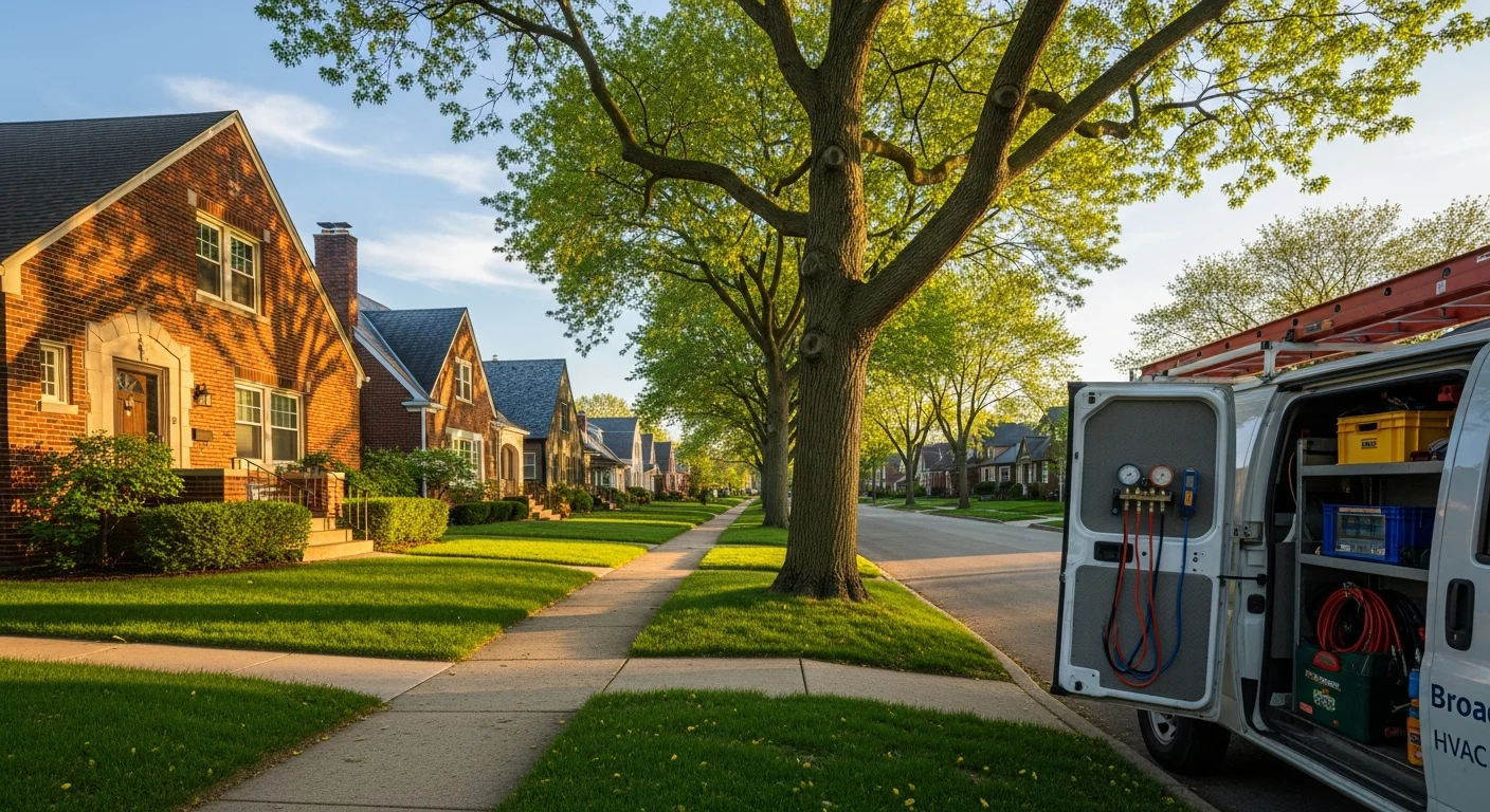Established north side Indianapolis neighborhood with tree-lined street, brick homes, and well-maintained properties under clear sky.