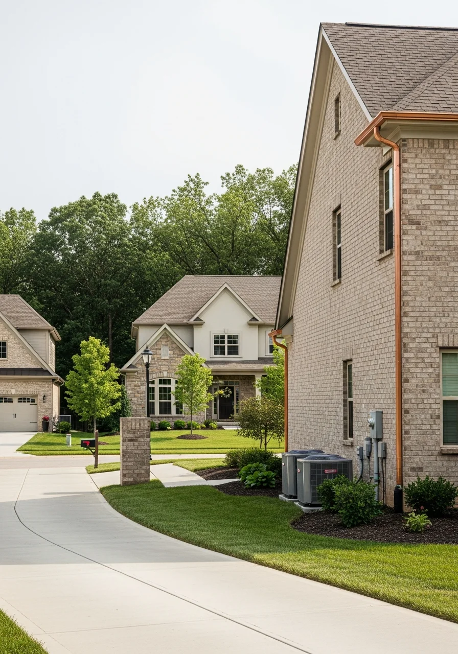 Westfield residential street showing contemporary home architecture with professional crew member in foreground.