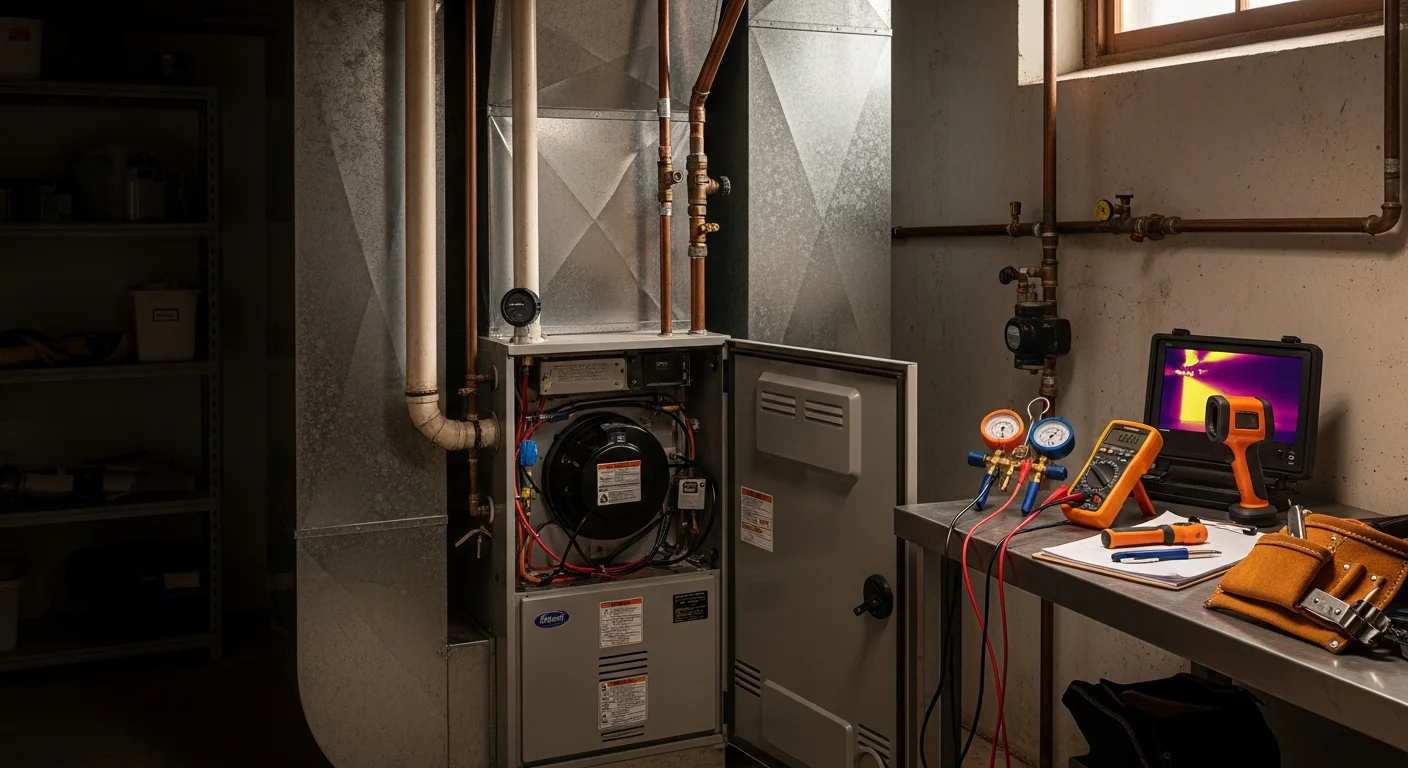 An Elite Mechanical Services HVAC technician inspecting a furnace inside a north side Indianapolis home during an emergency repair call. The technician is using a diagnostic tool near the furnace cabinet in a residential utility room.
