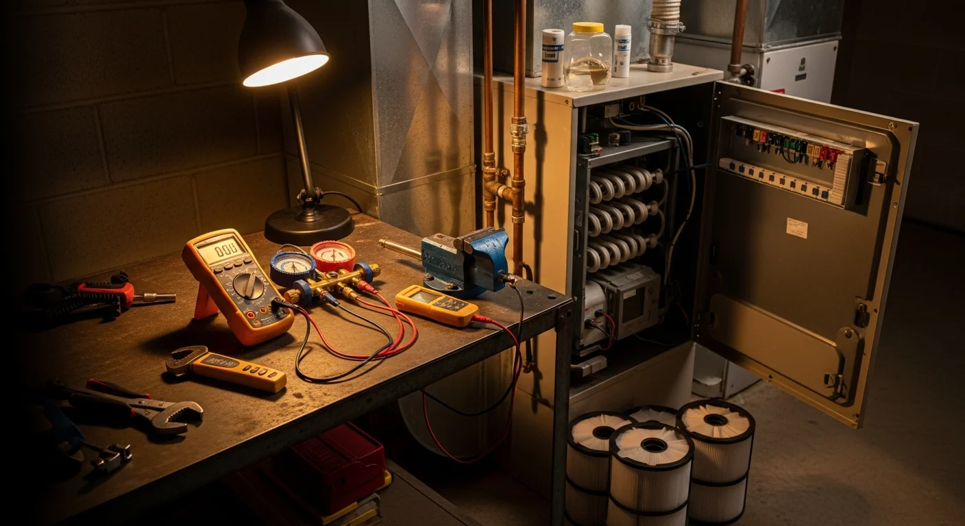 An Elite Mechanical Services HVAC technician inspecting a residential furnace and air handler unit inside a north Indianapolis home. The technician checks electrical connections and cleans internal components during a scheduled preventative maintenance visit.