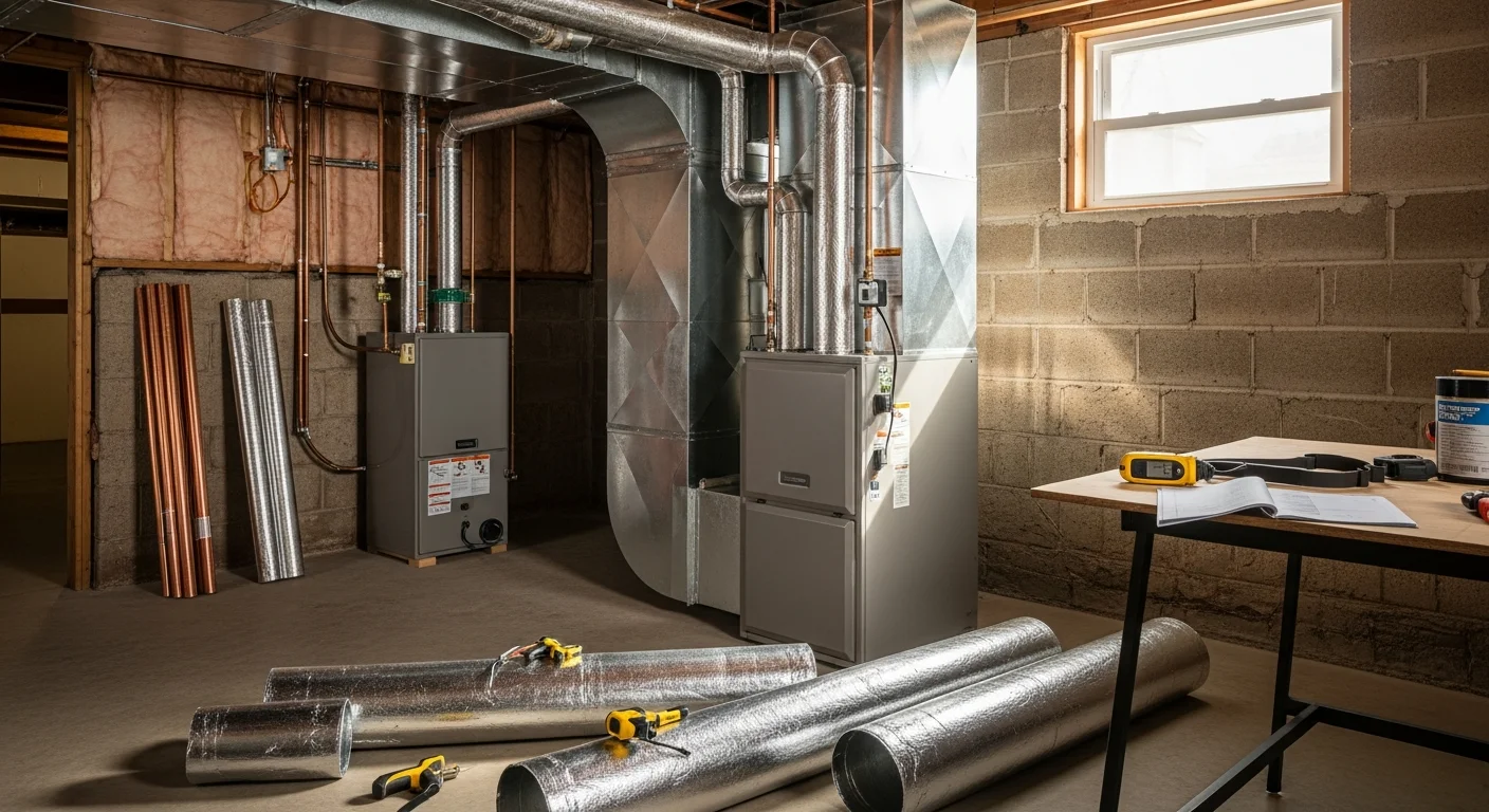 A newly installed HVAC system with an outdoor condenser unit placed beside a mid-century ranch home on the north side of Indianapolis. A technician in a work uniform checks the indoor air handler in the basement utility room.