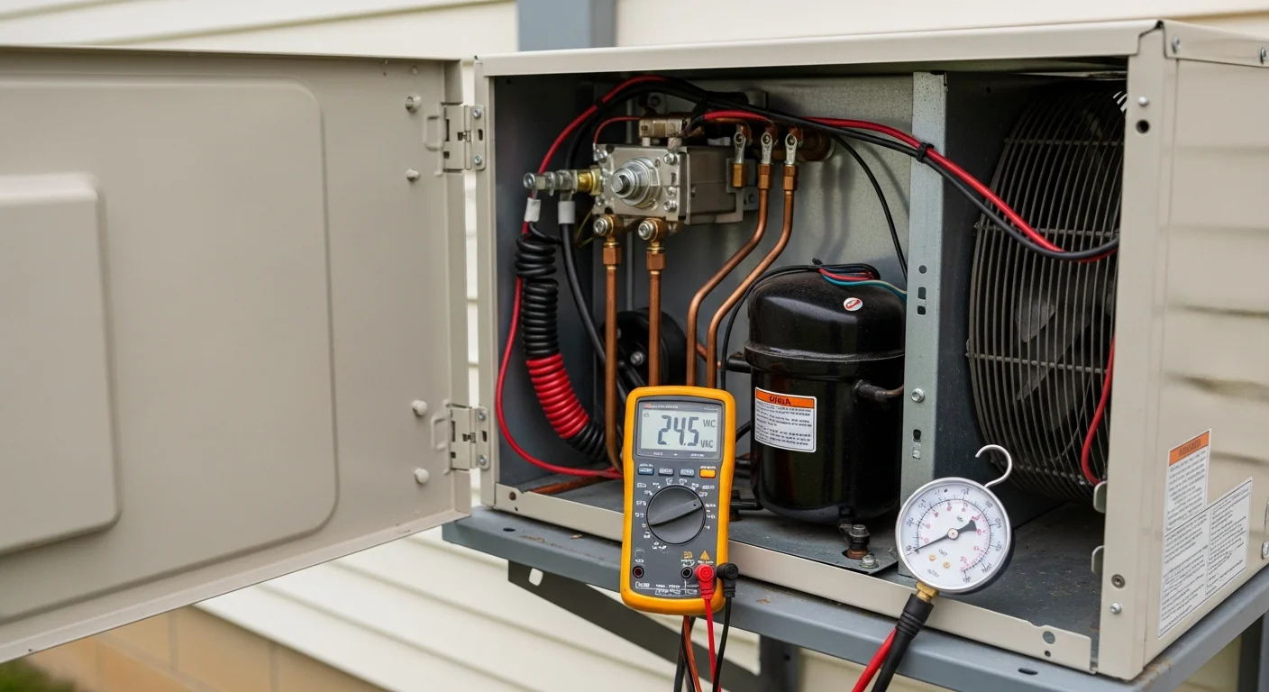 An Elite Mechanical Services HVAC technician inspecting an outdoor air conditioning unit at a residential home on the north side of Indianapolis. The technician is checking electrical components on a mid-century single-family home during a service call.