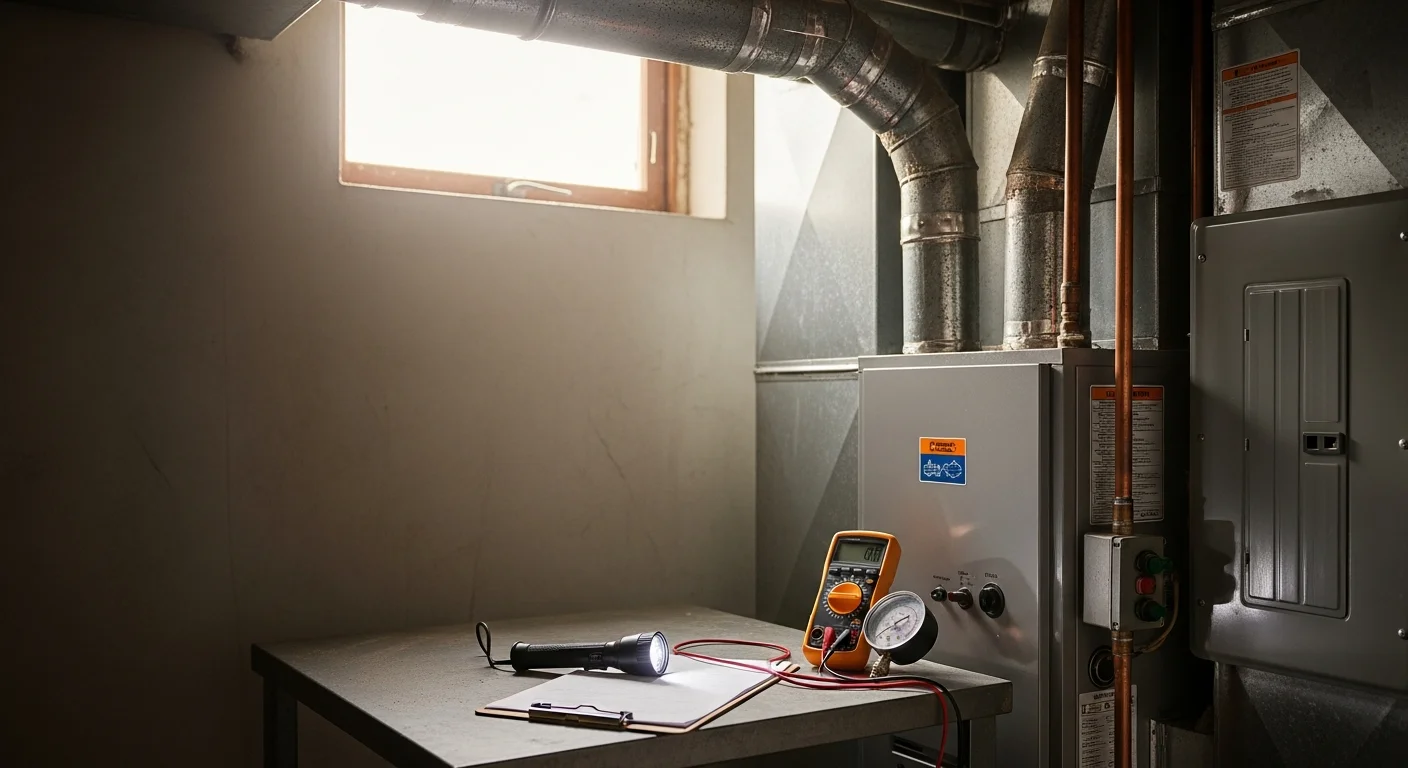 An Elite Mechanical Services HVAC technician inspecting a furnace and ductwork inside a north side Indianapolis home. The technician is reviewing system components in a utility room typical of mid-century residential construction in the area.